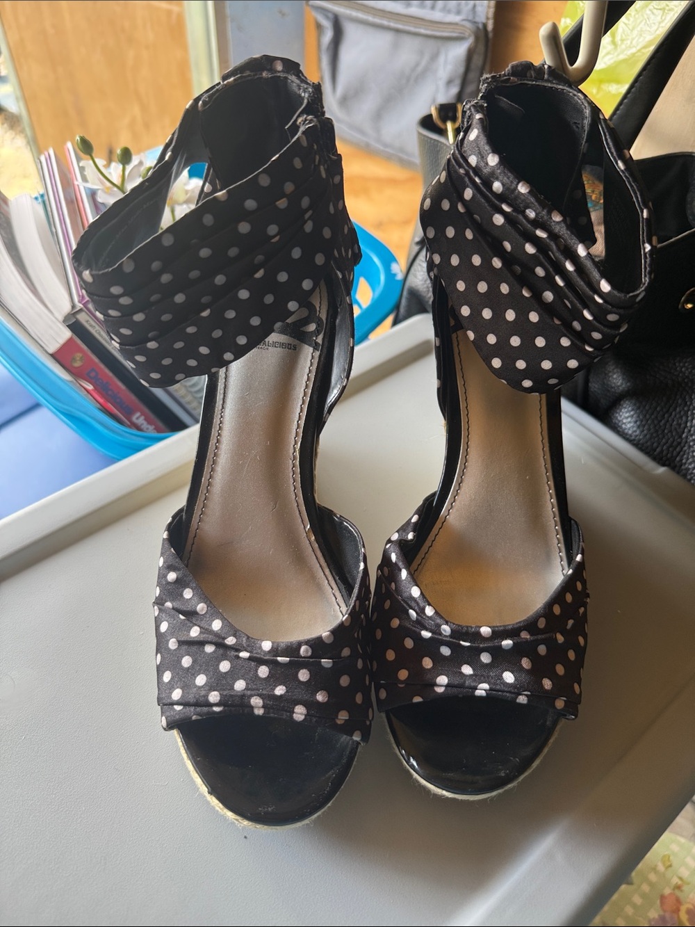Fergalicious Black and White Polka Dot Ankle-Strap Platform Heels